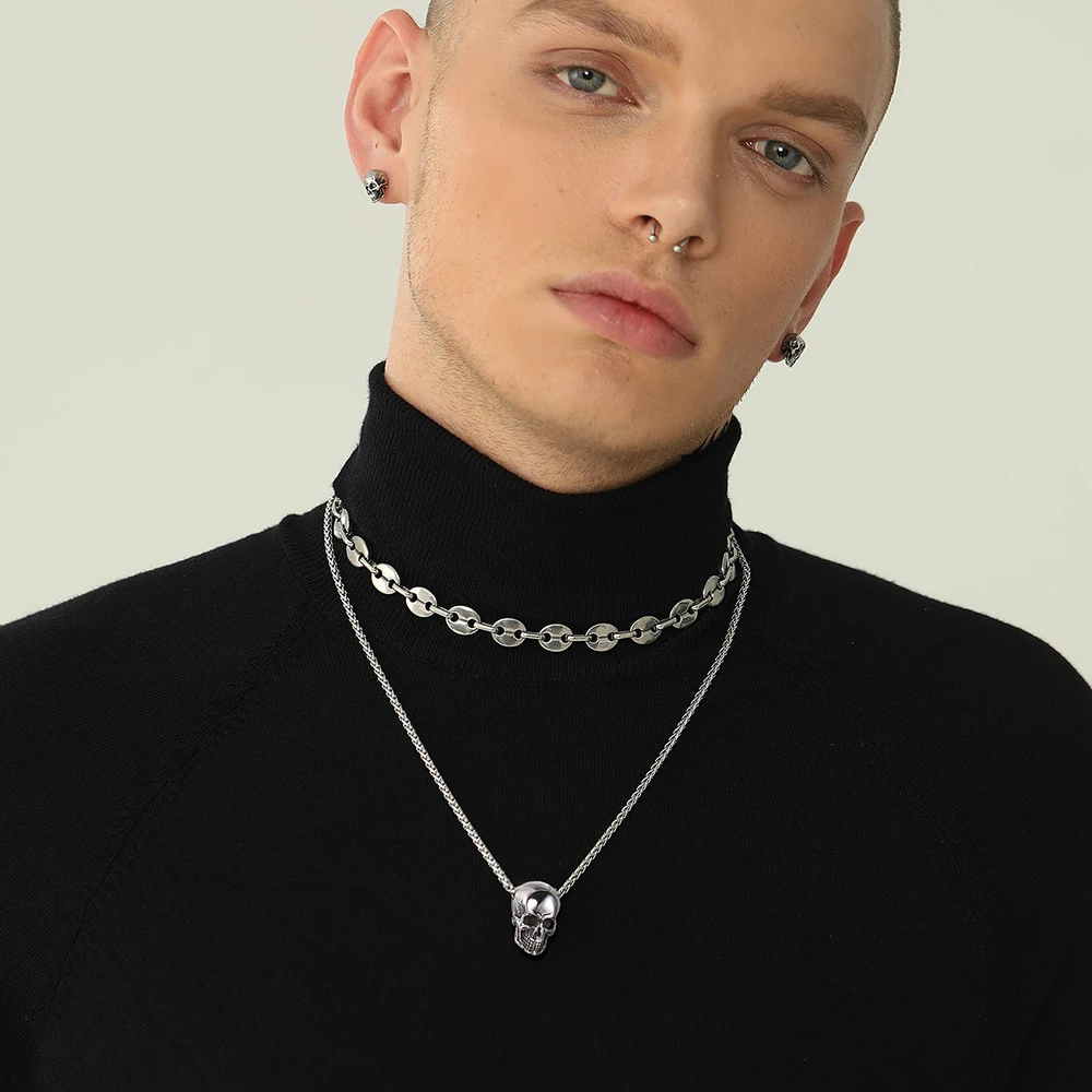 U7 Skull Necklaces for Men Skeleton Pendant with 18-30 inches Wax Cord / Link Chain Punk Retro Gothic Stainless Steel Jewelry