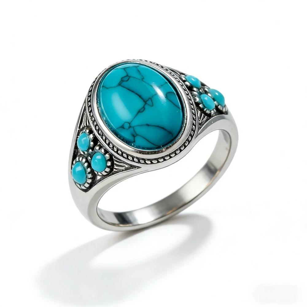 A New Creative Turquoise Ring Alloy Silver Plated Old Women\'s European and American Engagement Gift Ring