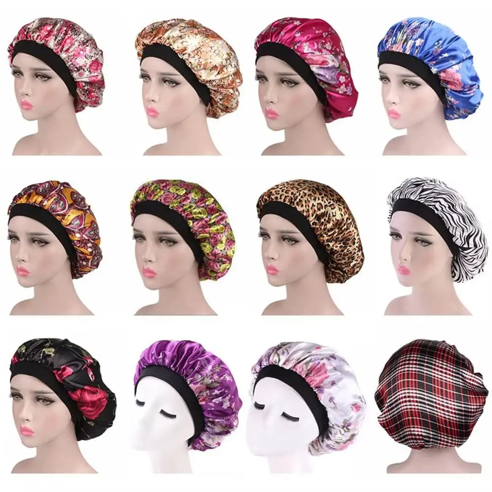Floral Pattern Satin Sleep Bonnet Elastic Wide Band Hair Loss Cover Bath Hair Cap Head Wrap Cosmetic Cap Hair Wrap Accessories
