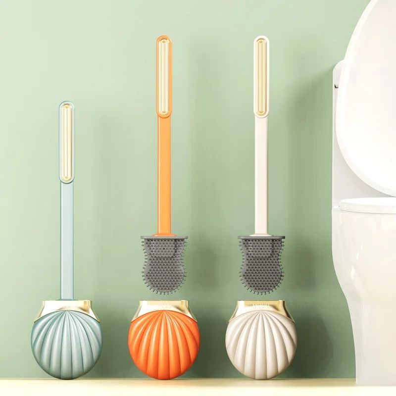 Long Handle Silicone Flat Toilet Brush with Shell Shape Holder Dead Corner Cleaning Punchless Bathroom Accesories Sets Tools