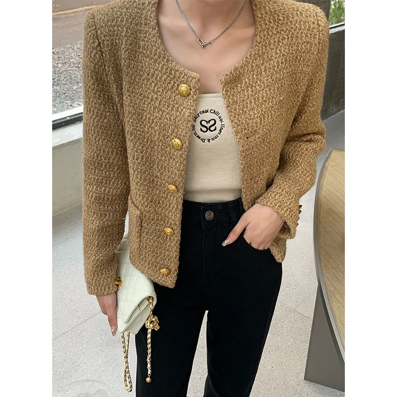 Vintage Tweed Jacket Women Cropped Quilted Coat Winter Korean Luxury Chic Outerwear Elegant Ladies Single Breasted Blazer New