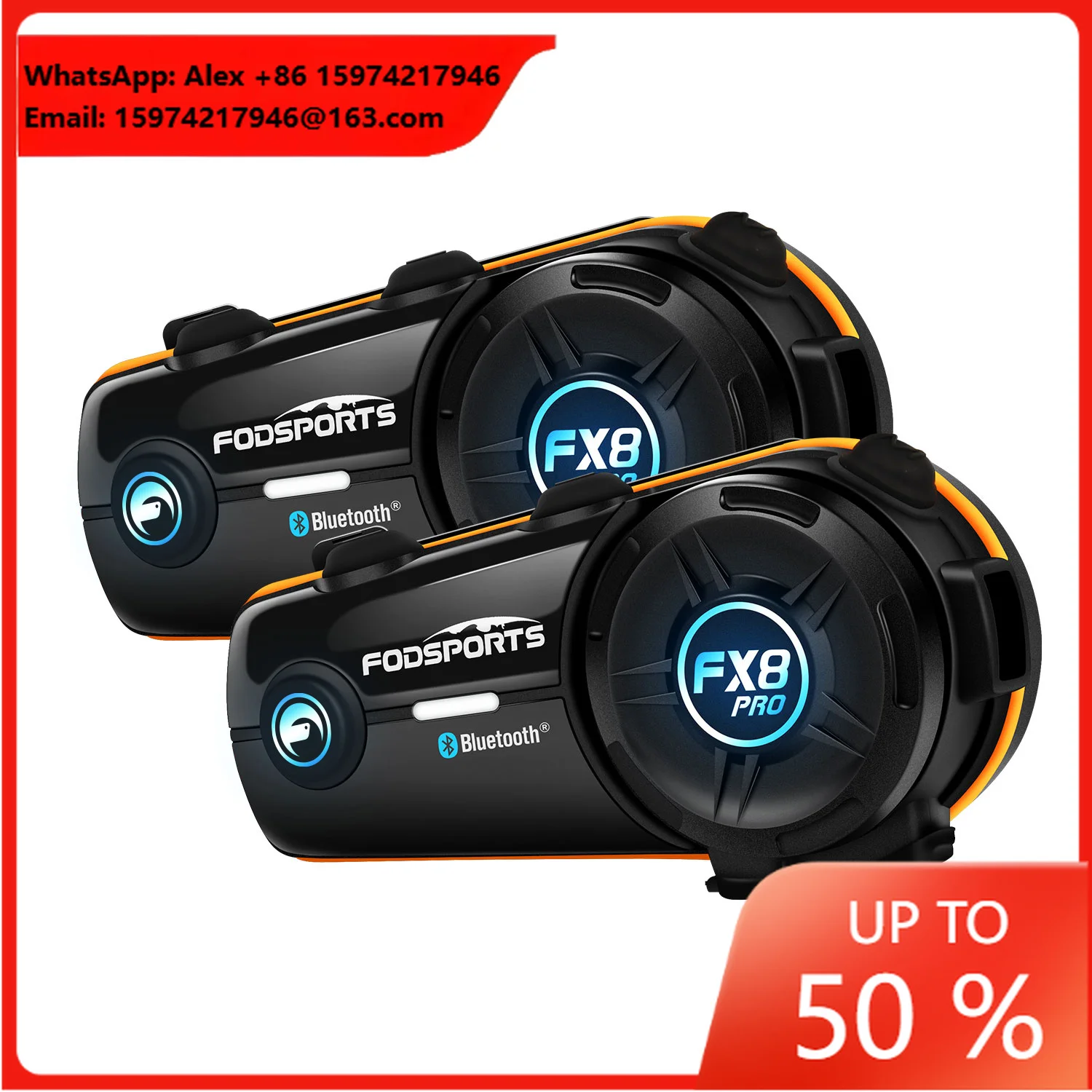2 Pieces Fodsports FX8 Pro 10 Riders Motorcycle Helmet Bluetooth Headset 2KM Motorcycle Helmet Speakers Intercom