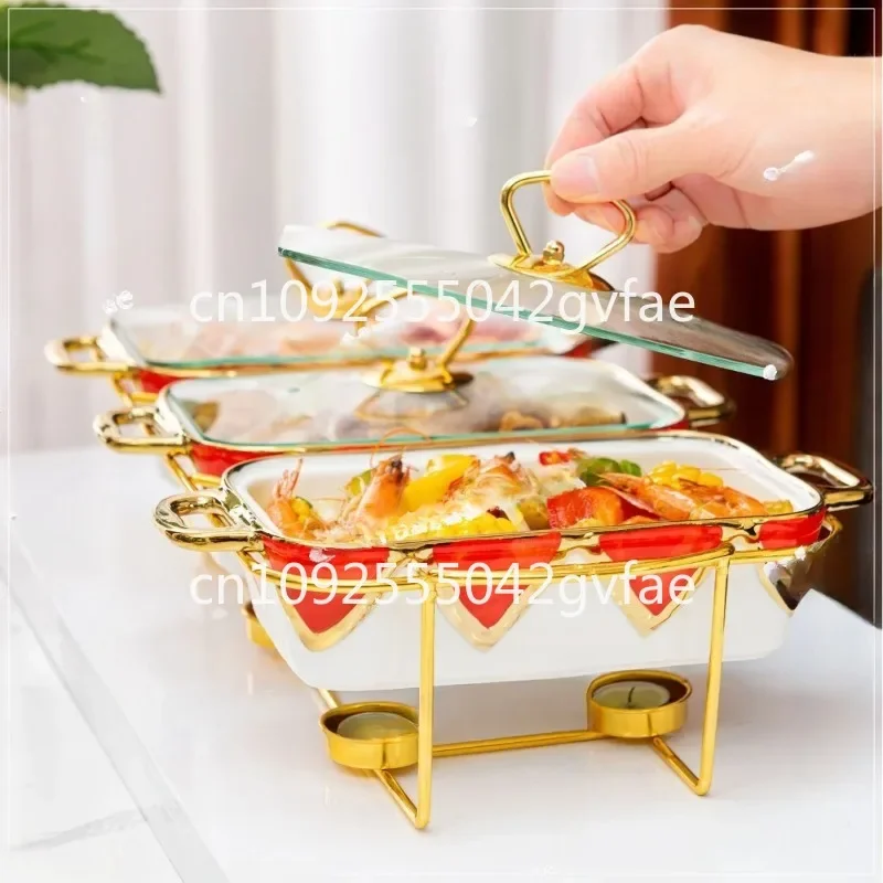 Three-grid Rectangular Golden Ceramic Casserole Heated Baking Pan Dry Soup Pot