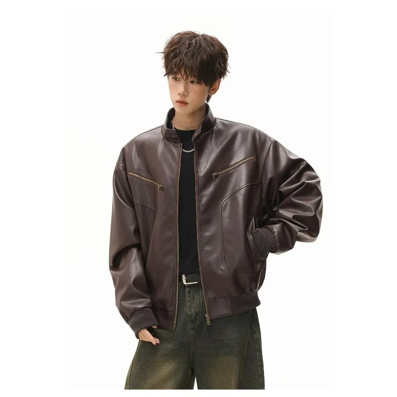 American Street Trend Windproof Stand-up Collar PU Leather Jacket Men Autumn Retro Loose Silhouette Motorcycle Jacket Fashion