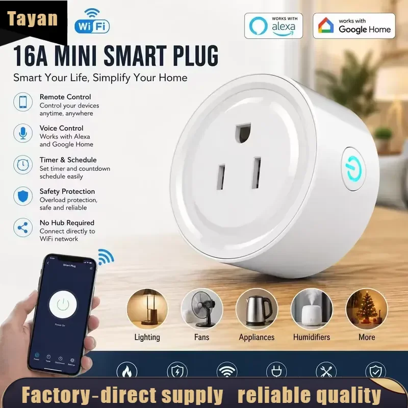 for 16A Mini Smart Plug Tuya WiFi Socket Alexa Google Home Voice Control Timer Switch Remote Control No Hub