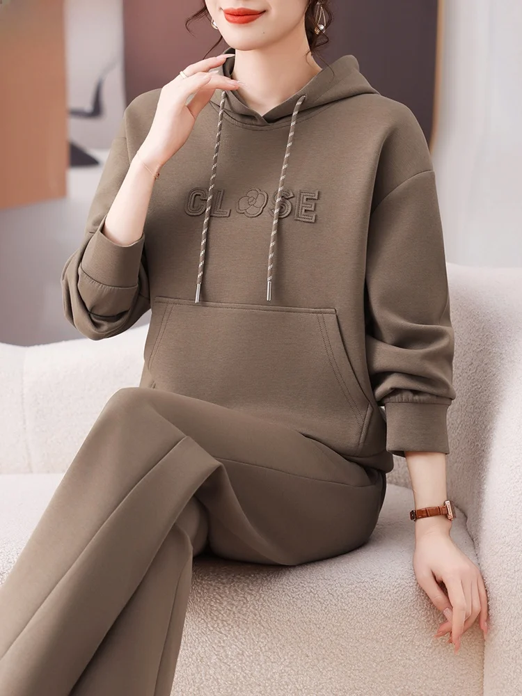 

Loose Fit Hoodie And Pants Set for Mom Spring Autumn Faionable Senior Women's Clothing Two-Piece Suit Korean Sle Casual Wear