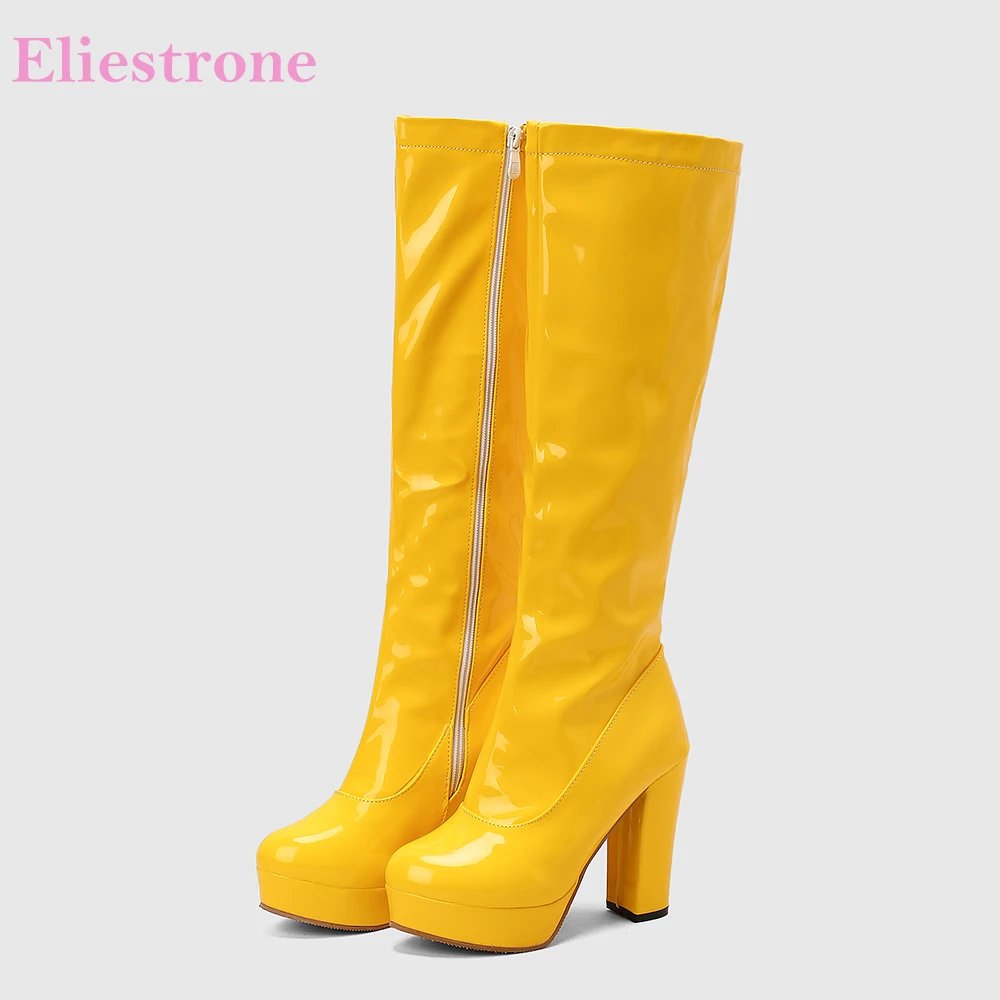 Winter Glossy Yellow Red Women Knee High Riding Boots Roudn Toe High Heel Lady Shoes Plus Big Small Size 10 32 43 46 48