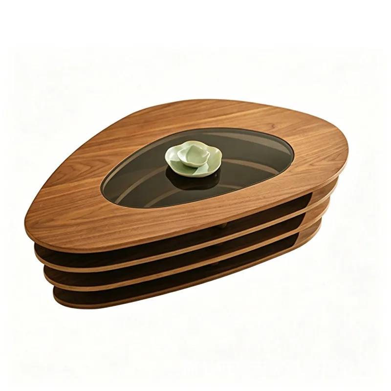 

Special-shaped coffee table living room household glass light luxury high-end walnut pattern