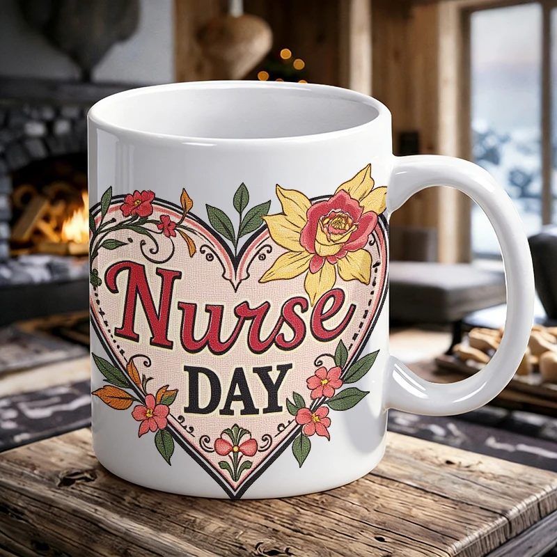 

Nurse Appreciation Coffee Mug Vintage Floral Heart Ceramic Tea Cup, Milk Cup, Office Cup, Gift for Friends, Fade-Resistant