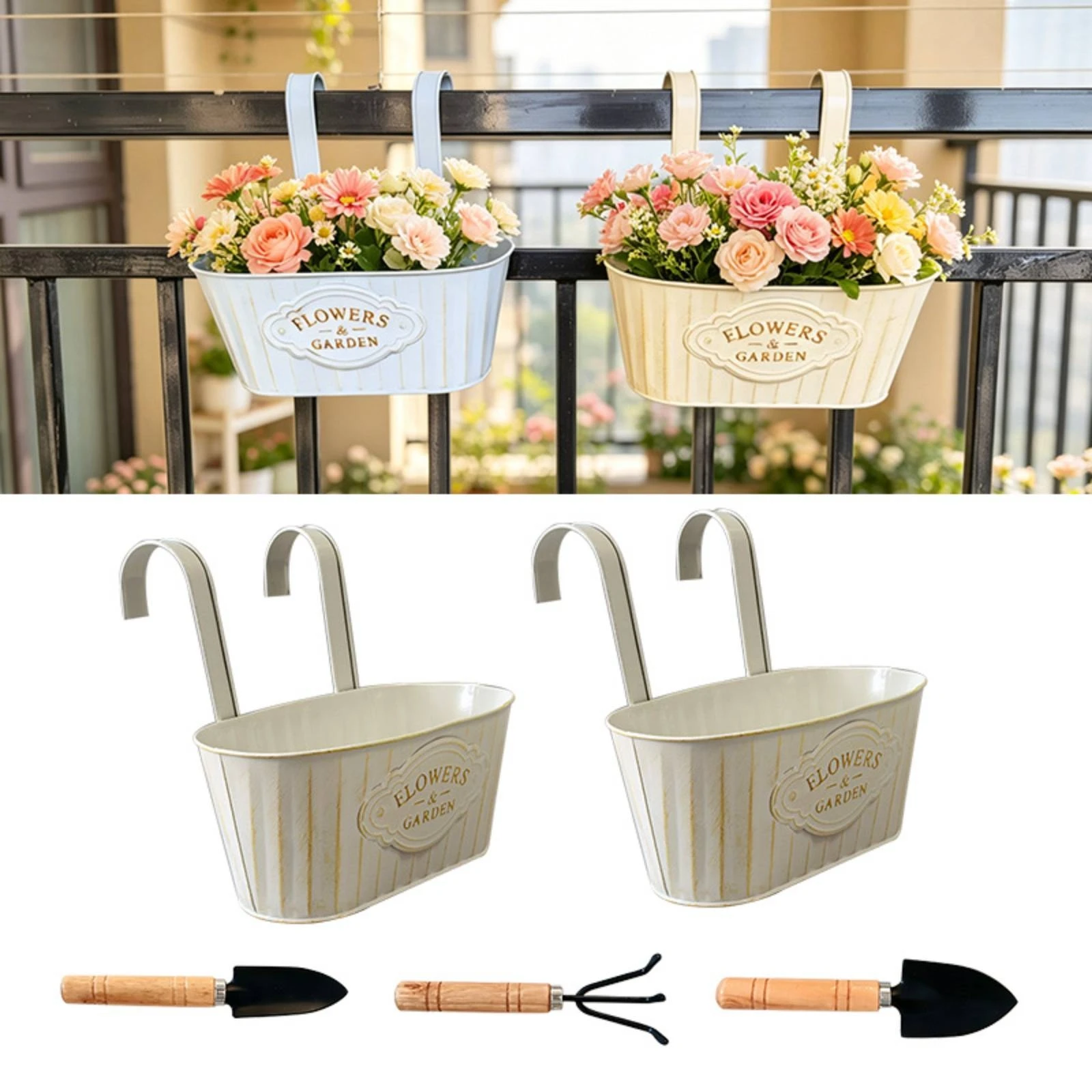 2 Pieces Oval Hanging Planter Distressed Finish Metal Hanging Planter Plant Holder Curved Handles Home Decor Vintage for Rail