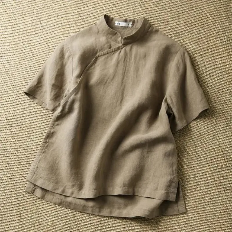 Women's Chinese Style Linen Blouse Short Sleeve Manin Collar Diagonal Placket Improved Cheongsam Top Tea Wear Clearance