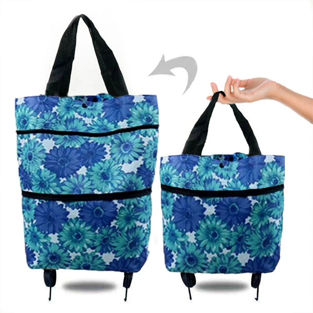 2-in-1 folding shopping bag with two-level zipper foldable shopping cart with wheels lightweight storage bag shopping cart