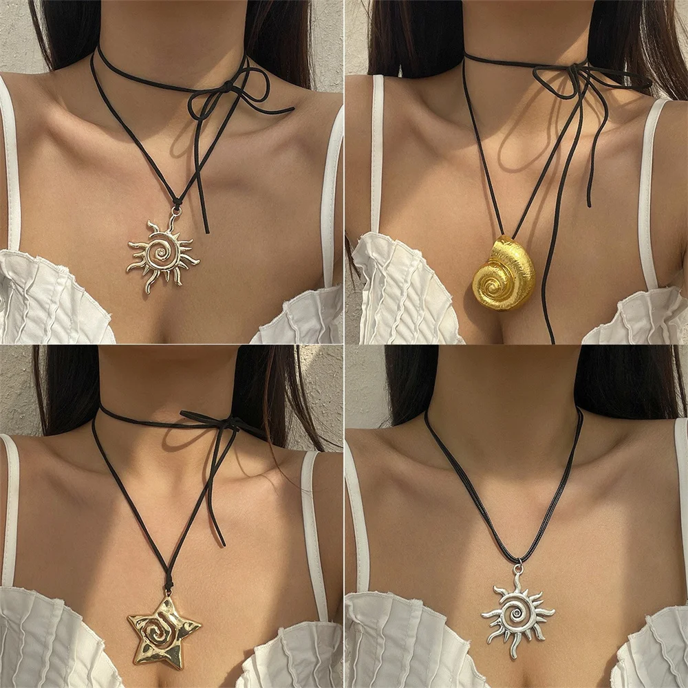 Simple Conch Starfish Pendant Necklace for Women 2024 Trendy Long Velvet Rope Weave Knotted Bowknot Adjustable Chain Jewelry