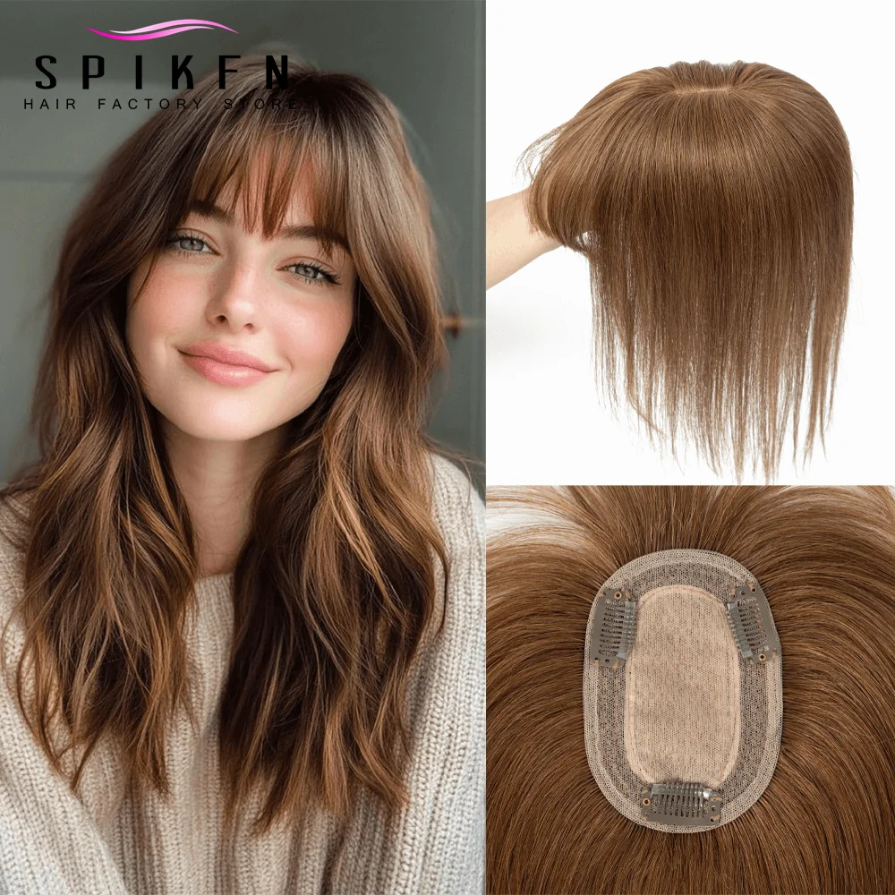Brown Topper Hair Piece with Bangs Real Hair Extensions Add Volume 8