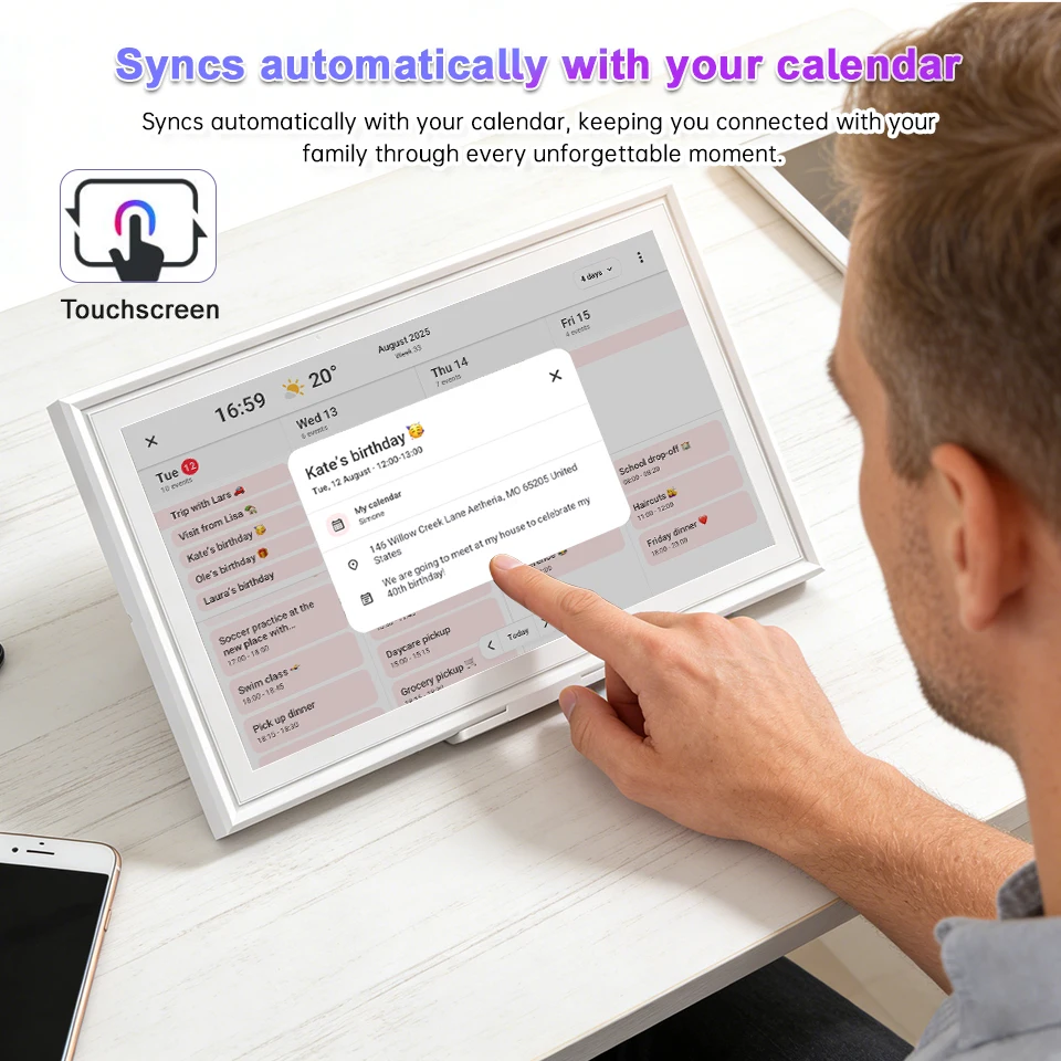 HGFRTEE 15,6-Zoll Smart Digitaler Kalender, FHD-Touchscreen-Display, Familienplaner & Digitaler Bilderrahmen, Wand-/Schreibtischmontage mit App – Detail 3