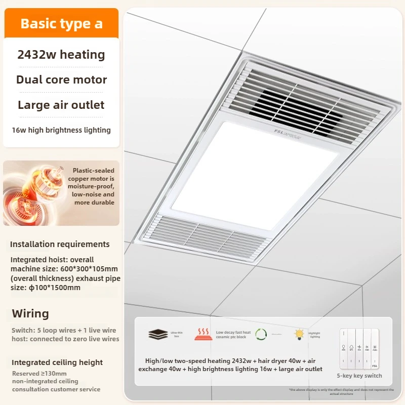 Dual-Blow-Heizung, Licht, integrierter Decken-Abluftventilator, mehrstufige Badezimmerheizung, One-Touch-Luftaustausch, warme Heizung