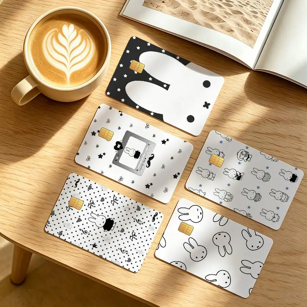 M-Miffy CUTE Autocollant de protection pour cartes de crédit et de transport en commun, blanc et noir, imperméable, décoration de face de carte, 4 pièces