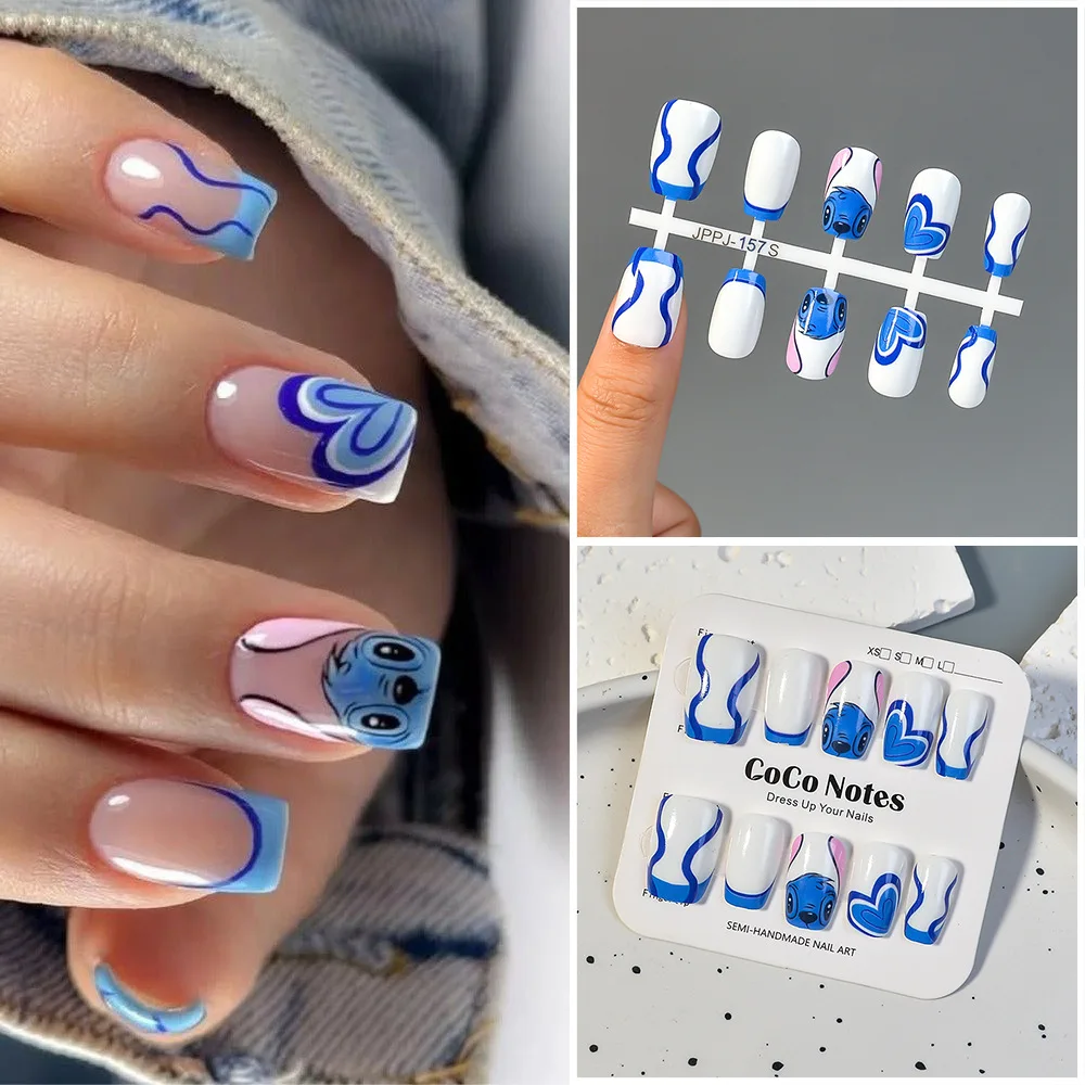 

10Pcs Cute Anime Stitch Blue and White Cartoon Simple Cute Nail Patch Press On False Nails Reusable Fake Nail Gift