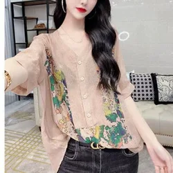 Korean Commuter 2024 Summer New Women's Thin Style V-Neck Button Printed Spliced Half Sleeve Loose Elegant Fashion Blouse Shirt