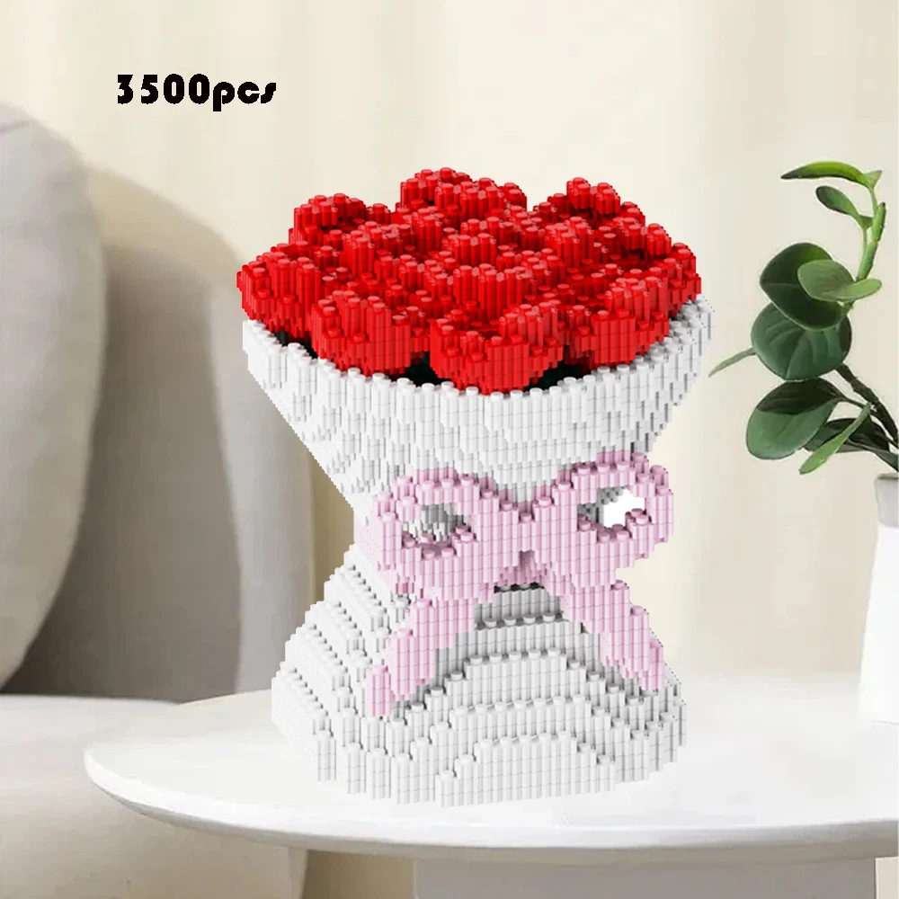 Romantic Valentine's Day Gift Never Wither Red Rose Bouquet Small Particles Building Blocks DIY Puzzle Boys and Girls Series