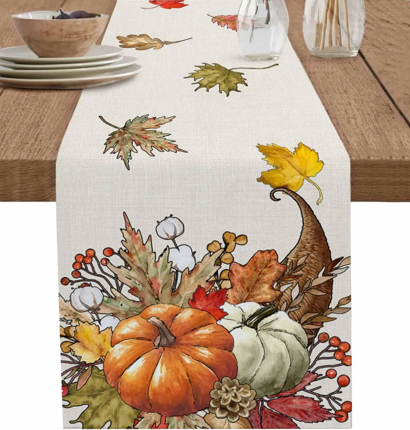 Thanksgiving Pumpkins Maple Leaf Botanical Rustic Linen Table Runners Room Decor Washable Table Runners Thanksgiving Decorations