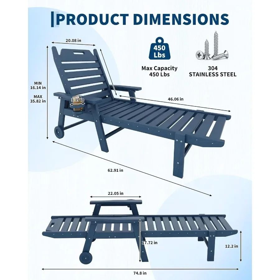 HDPE Lounge Chair Outdoor with Cup Holder and 5-Position Backrest