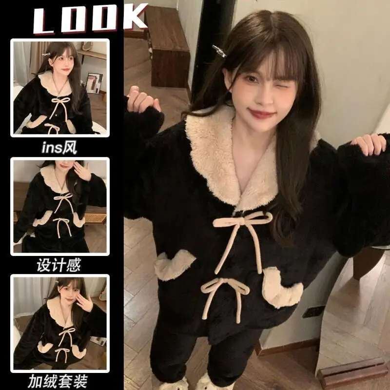 

coral fleece pajama girl autumn winter Sleepwear new model sweet French style Pajama Set fleece-lined thicken flannel homewear