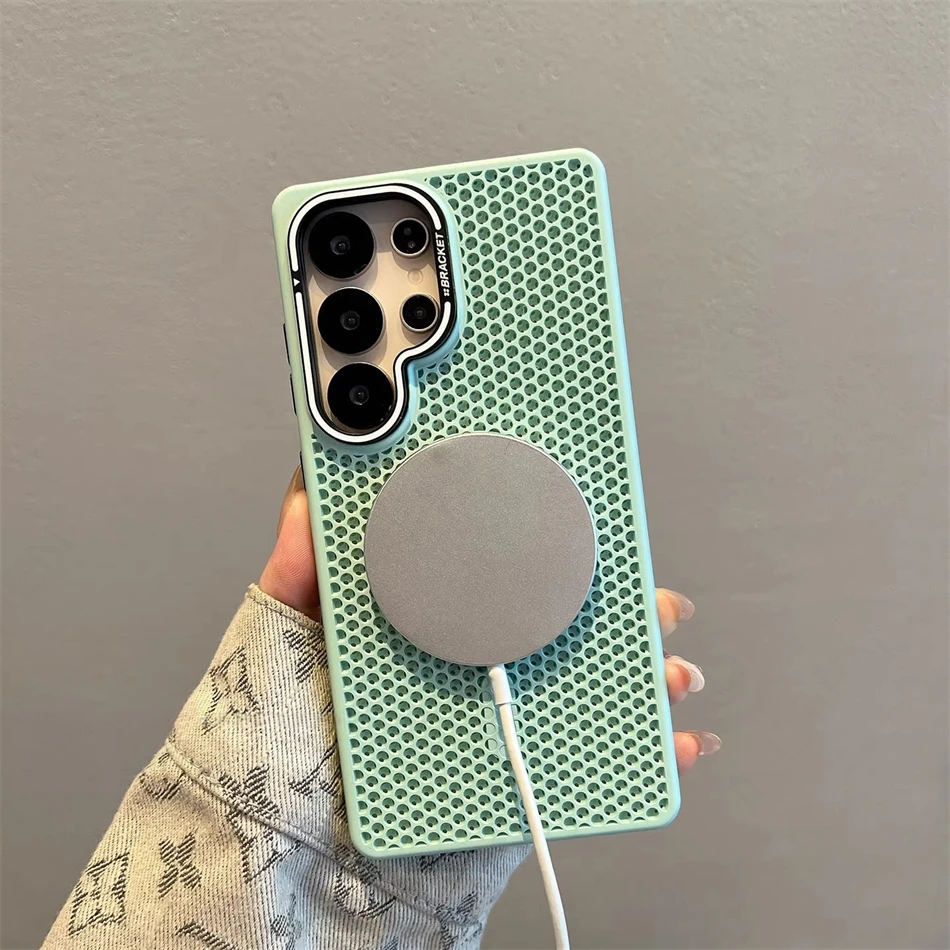 Honeycomb Mesh Cooling For MagSafe Case for Samsung Galaxy S25 Ultra S24 S23 Alloy Lens Bracket Wireless Charge Hard Matte Cover - Image 6