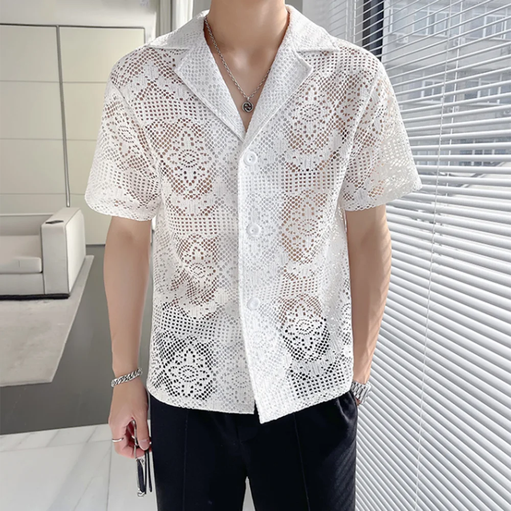 Mens Sexy Hollow See-Through Lace Casual Shirt Genderless Fashion Versatile Personalized Breathable Short-Sleeved Top Unisex