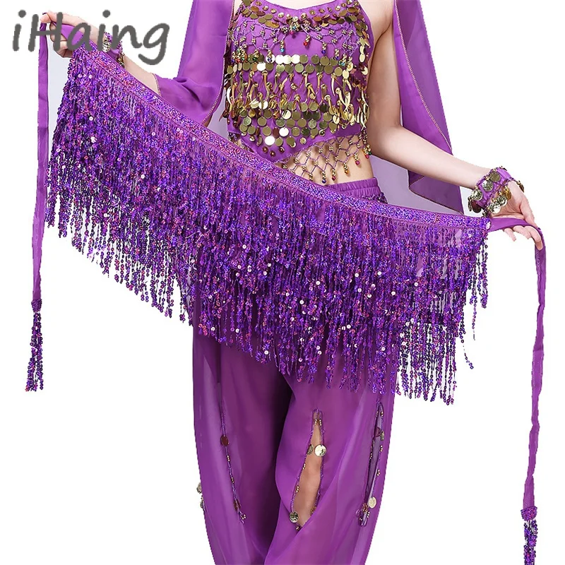 

Sparkly Belly Dance Hip Scarf Sequin Tassel Wrap Skirt Rave Costume for Women Lesson Dancewear Festival Halloween Party Clothes