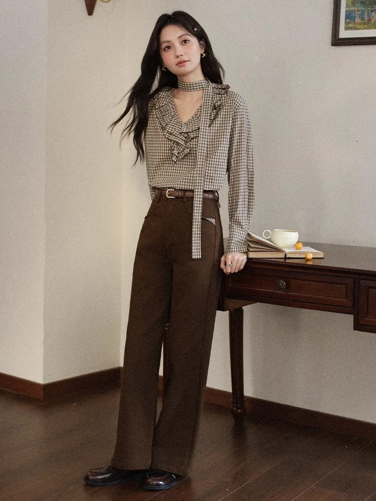 

ALXNAN Brown Pants High-waist Straight Wide-leg Casual Cotton 100% Women's Baggy Pants Autumn Versatile Slim-fit Trousers L57269