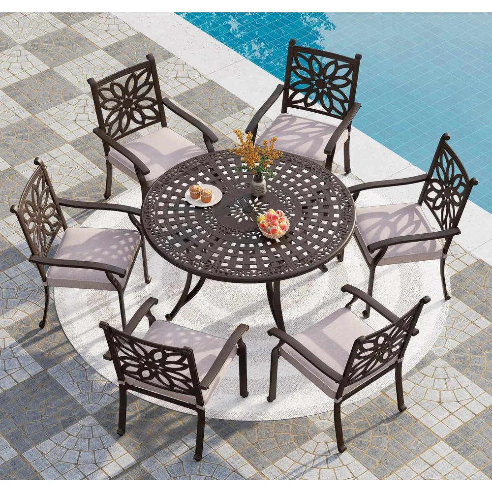 

Round Patio Dining Tables for 6 Person, Outdoor Aluminum Table 54" Dia with 2.1" Umbrella Hole, Lawn Garden Tables, Customized