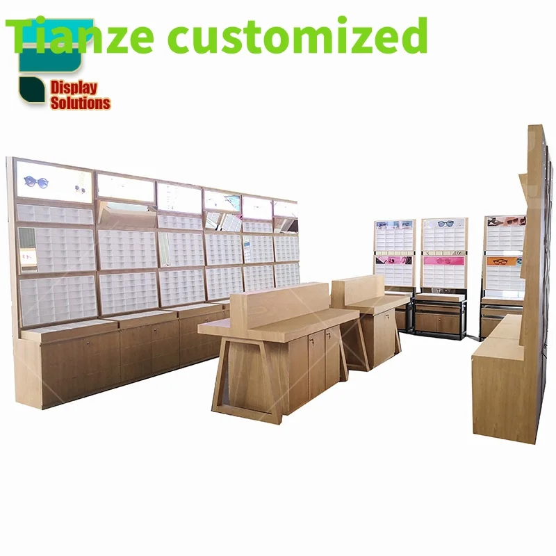 Customized-Inner Septal Eyewear Display Stand Wall Mounted Sunglasses Display Rack Whole Wood Veneer Center Cabinets Display