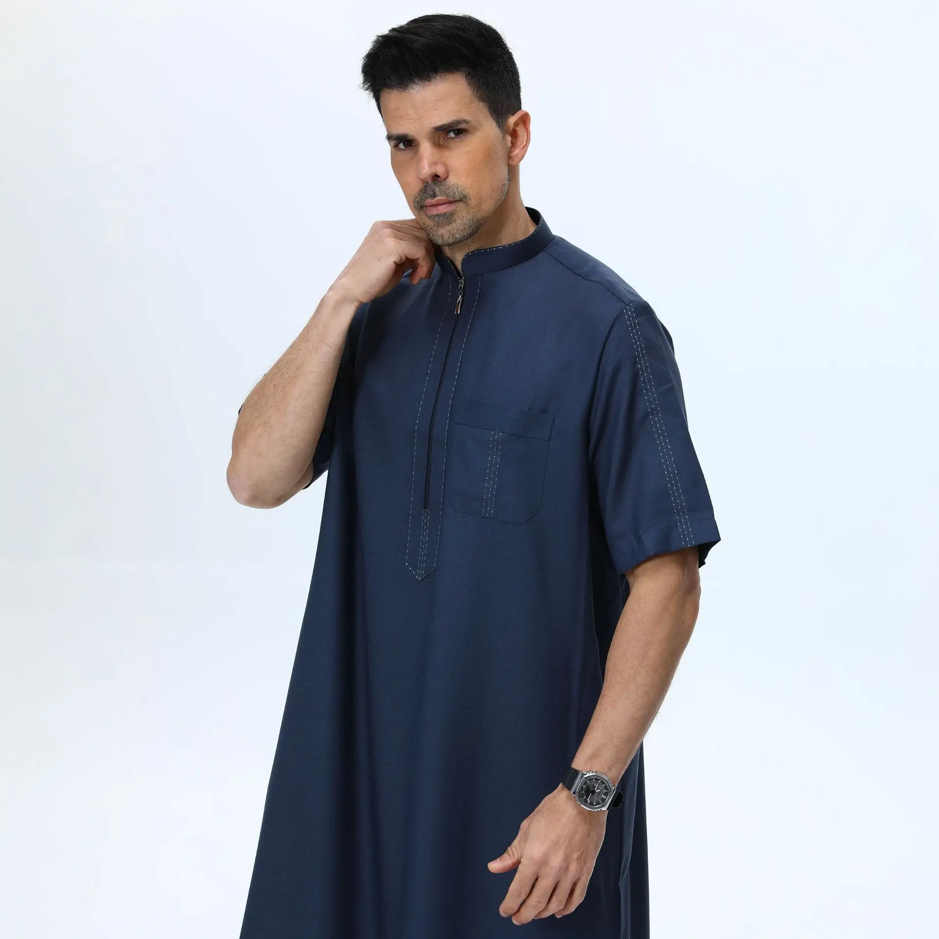 Reißverschluss Jubba Thobe für arabische Männer Robe muslimisches Kleid Kurzarm Thoub Daffah Dishdasha Islam Kleidung Kaftan Abaya Djellaba Neu