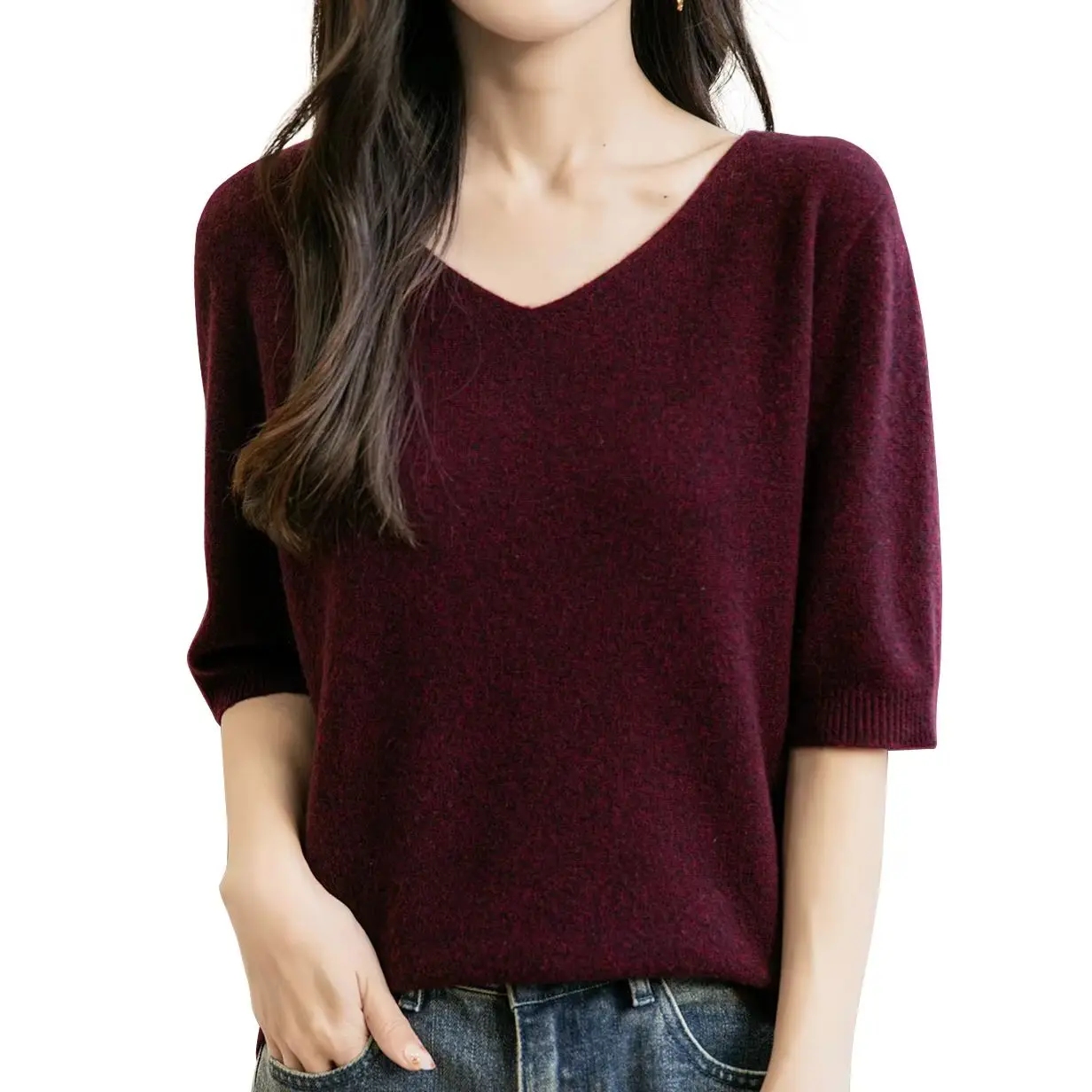 Top con scollo a V da donna 100% lana merino Primavera Autunno Inverno Prima linea pronta da indossare T-shirt a maniche corte in maglia nuova senza cuciture