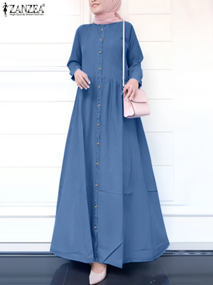 

ZANZEA Hijab O Neck 2025 Abaya Robe Women Waist-Gathering Denim Blue Loose Casual Vestidos Muslim Islamic Long Sleeve Maxi Dress