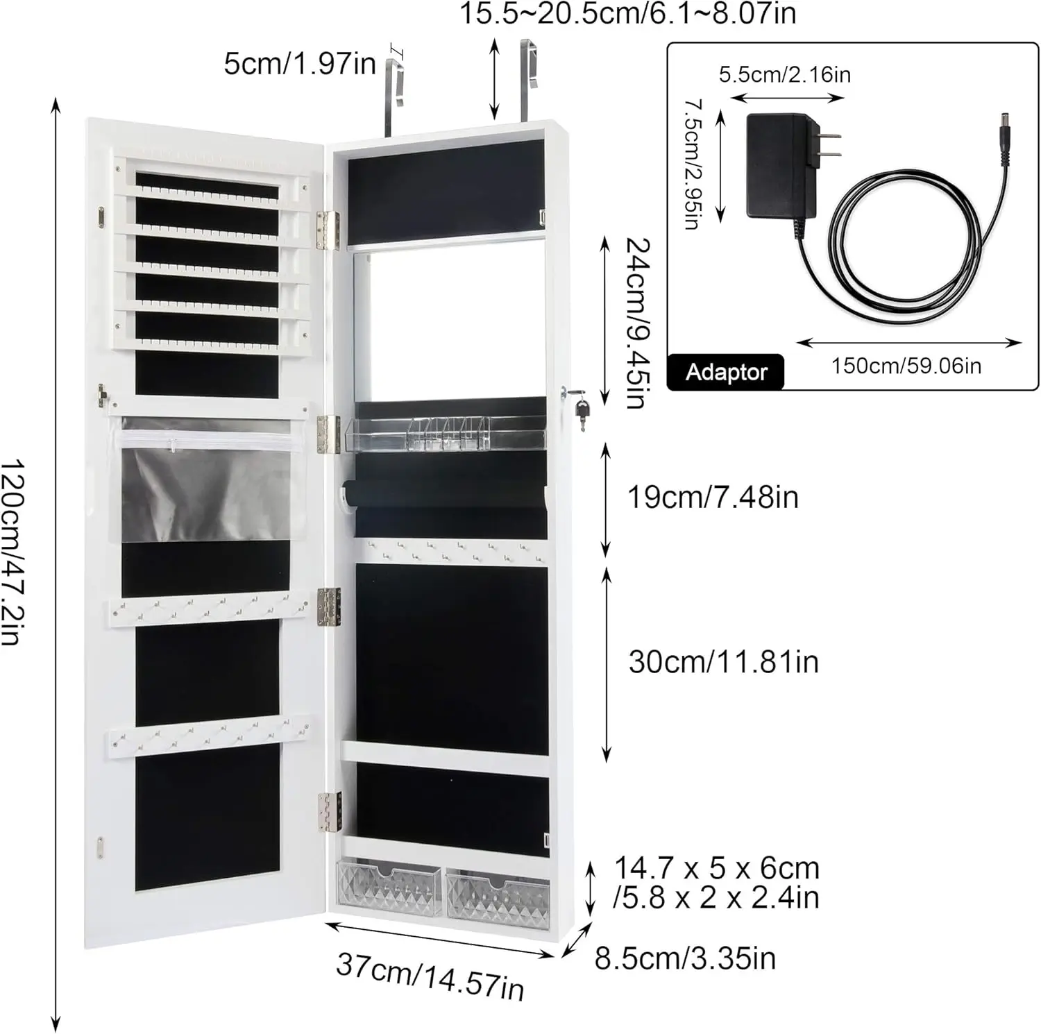 US LED Mirror Jewelry Cabinet with 3 Colored Light, Wall/Door Mounted Wooden Jewelry Armoire, 47-Inch Full Length Lighted Mirror