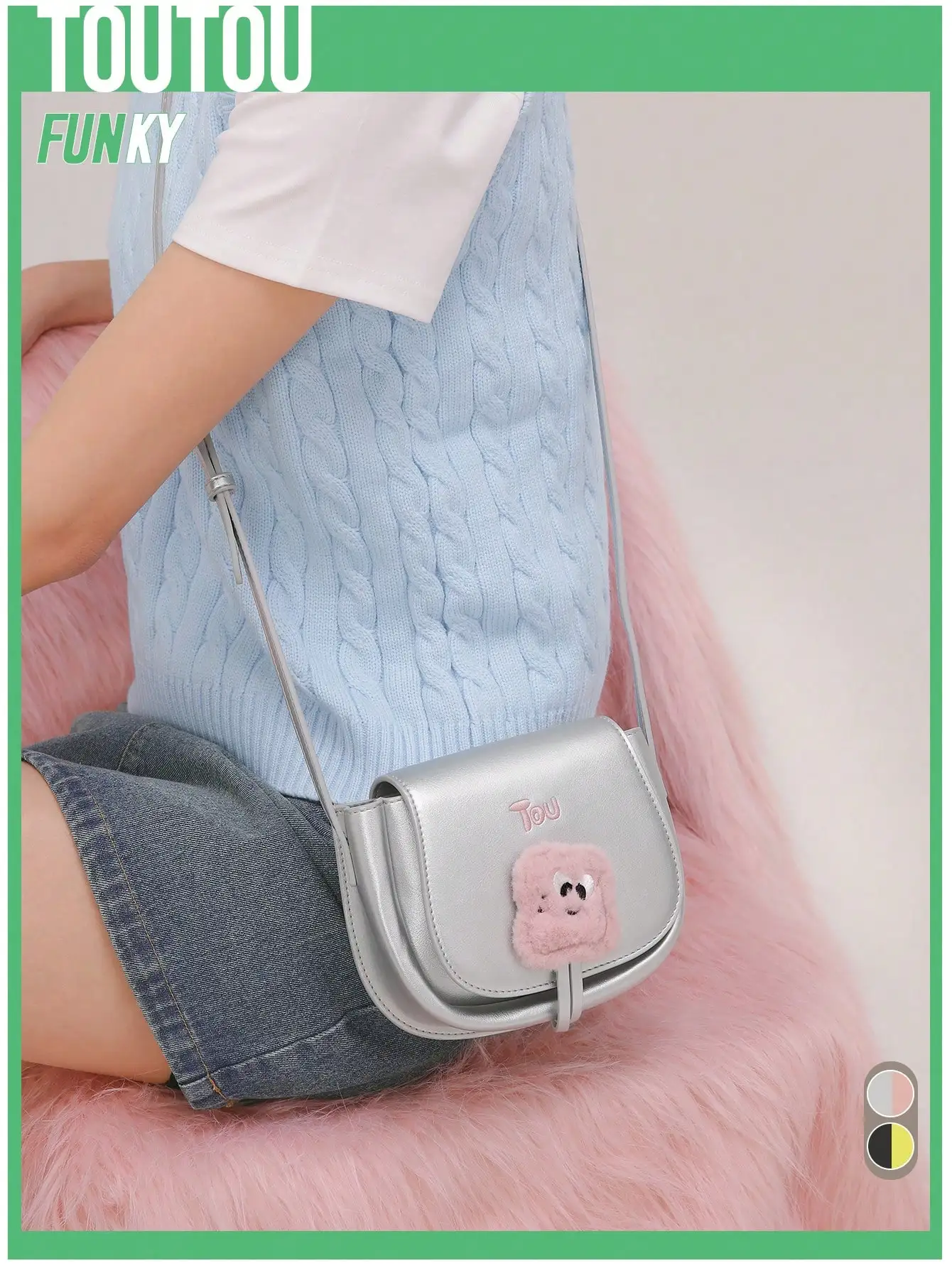 

TOUTOU Designer Y2K Silver Saddle Bag Preppy Underarm Shoulder Purse Plush Elegant Young Women's Crossbody Bag for Daily Outfit