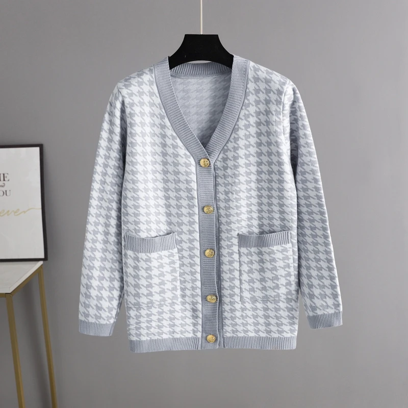 Elegant Houndstooth Knit Cardigan 2023 Coat Women V-neck Long Sleeve Loose Large Size Jacket Sweater Oversized Cardigans Autumn