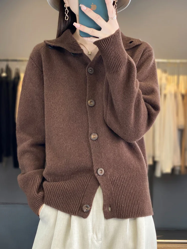 Women Basic 100% Merino Wool Cardigan Autumn Winter Cashmere Sweater Knitwear Turn Down Collar Solid Soft Warm Clothing Tops