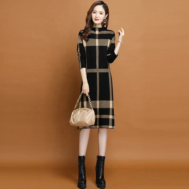 Autumn Winter Plaid Striped Knitted Dresses Women\'s Clothing Over Knee Patchwork Contrast Style Vintage Wool Dresses