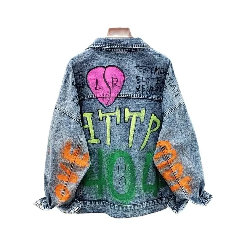 Letters Graffiti Print Denim Jacket Women Cowboy Outerwear Chaqueta Mujer Spring Autumn Loose Big Pocket Jeans Jackets Female