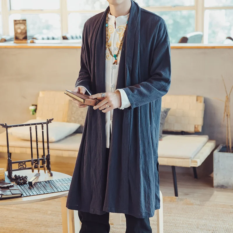 Men Loose Vintage Cotton Linen Trench Coat Plus size casual long Cardigan Kimono jacket Male Chinese Style Black Windbreaker 5XL