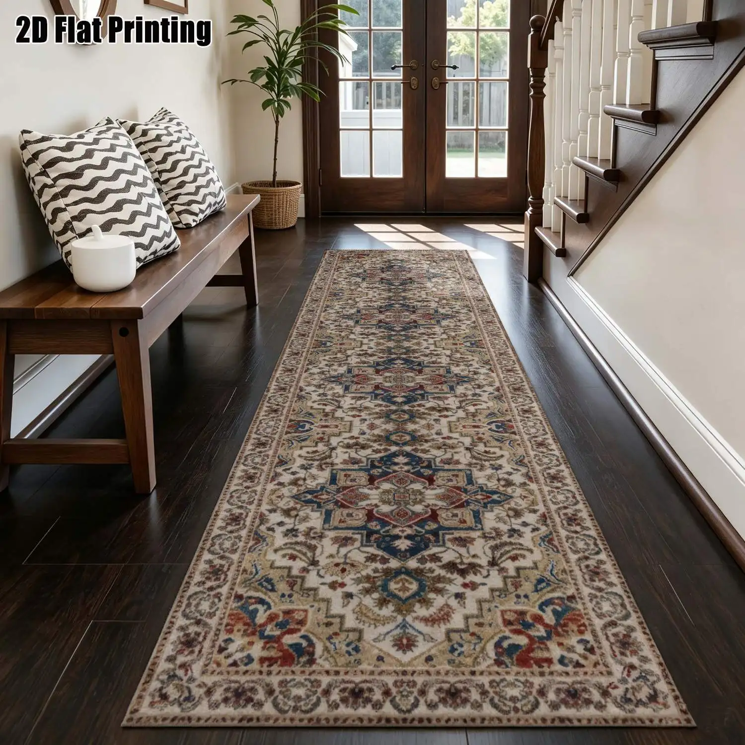 1Pc 2D Printed Long Strip Runner Rug: Beige-Blue & Red Retro Floral, Bohemian, Geometric & Stripe Designs Machine Washable, Multi-Size, Ideal for Entryway, Hallway, Living Room, Bedroom Home Decor.