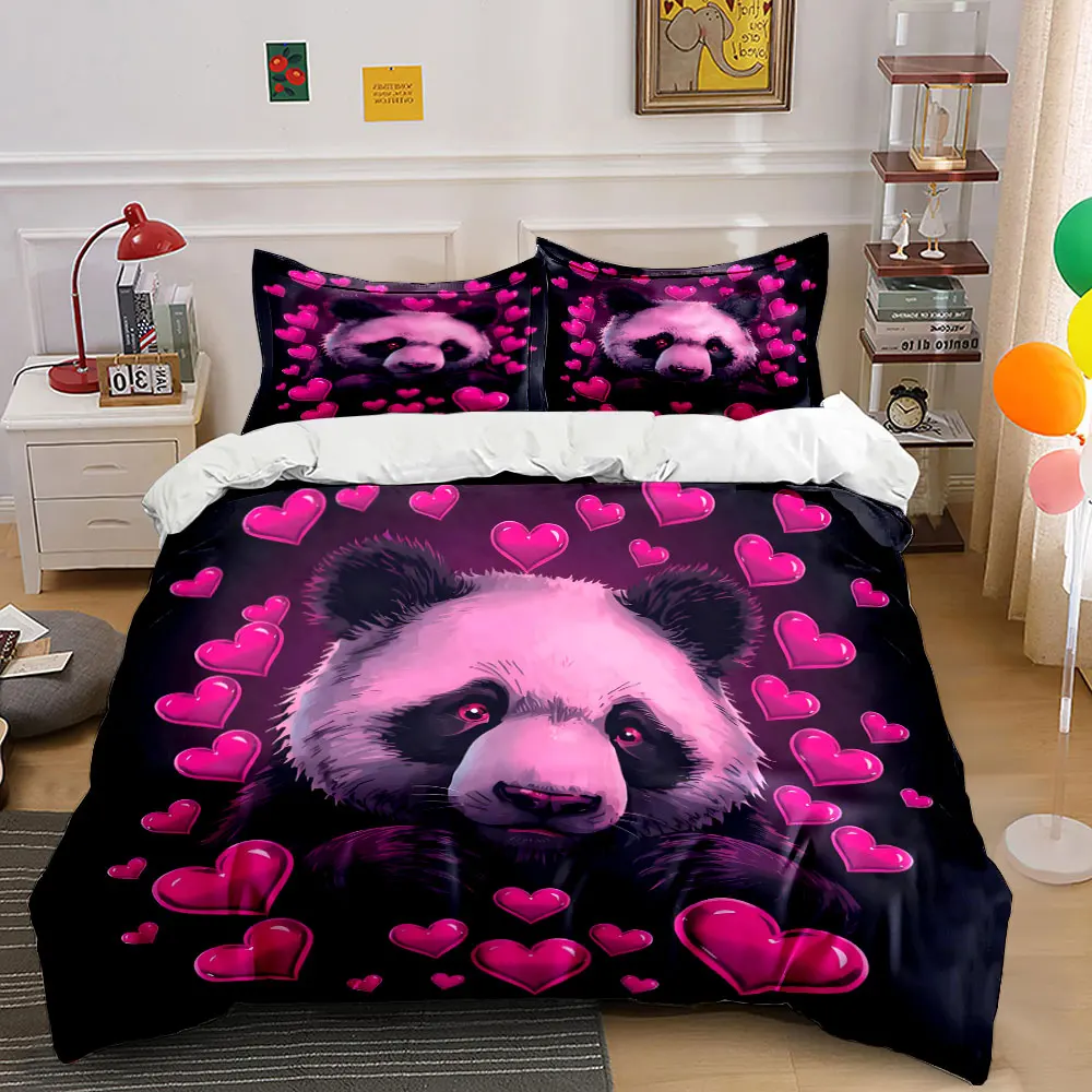 Cute Cartoon Panda Pink heart Print Bedding Set 1 Duvet Cover 2 Pillowcases for Adult and Children Luxury Gift Full Size
