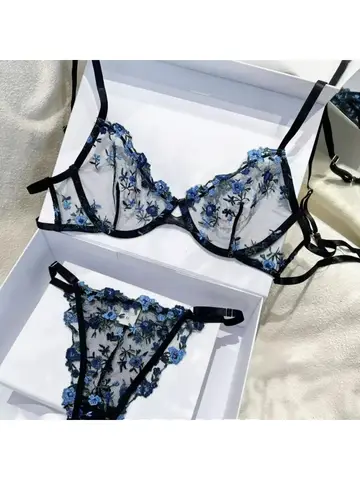 YUQI French Elegant Lingerie Set Floral Embroidery Semi Transparent Bra Brief Black Sensual Women s Underwear Luxury Intimates