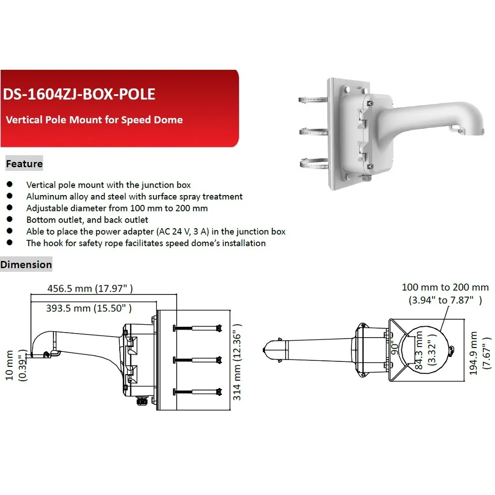 DS-1604ZJ-BOX-POLE Bracket Vertical Pole Mount for Speed Dome With Junction Box Aluminum Alloy and Steel Material