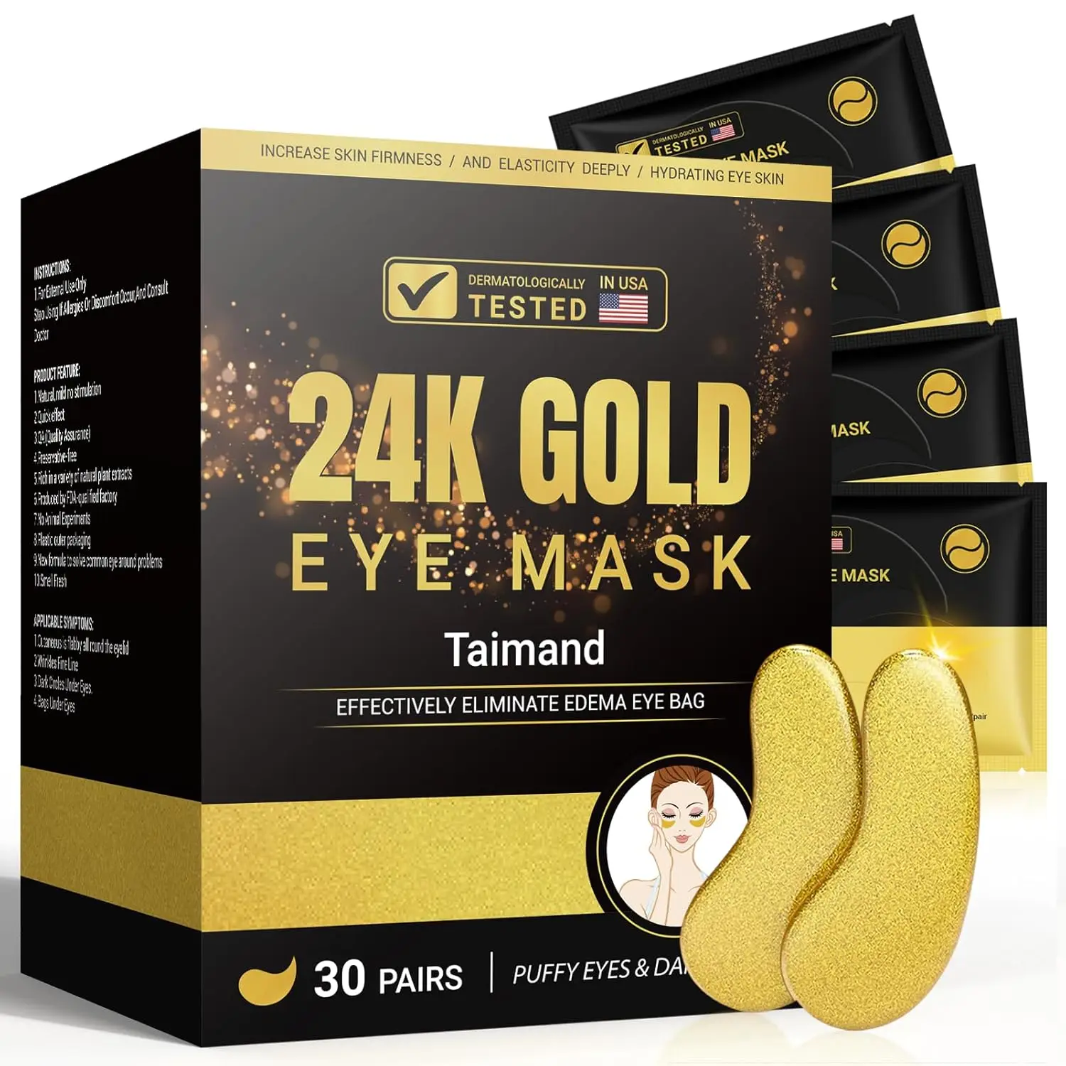 

24K Gold Eye Patches for Puffy Eyes, Dark Circles & Wrinkles with Collagen, 30 Pairs