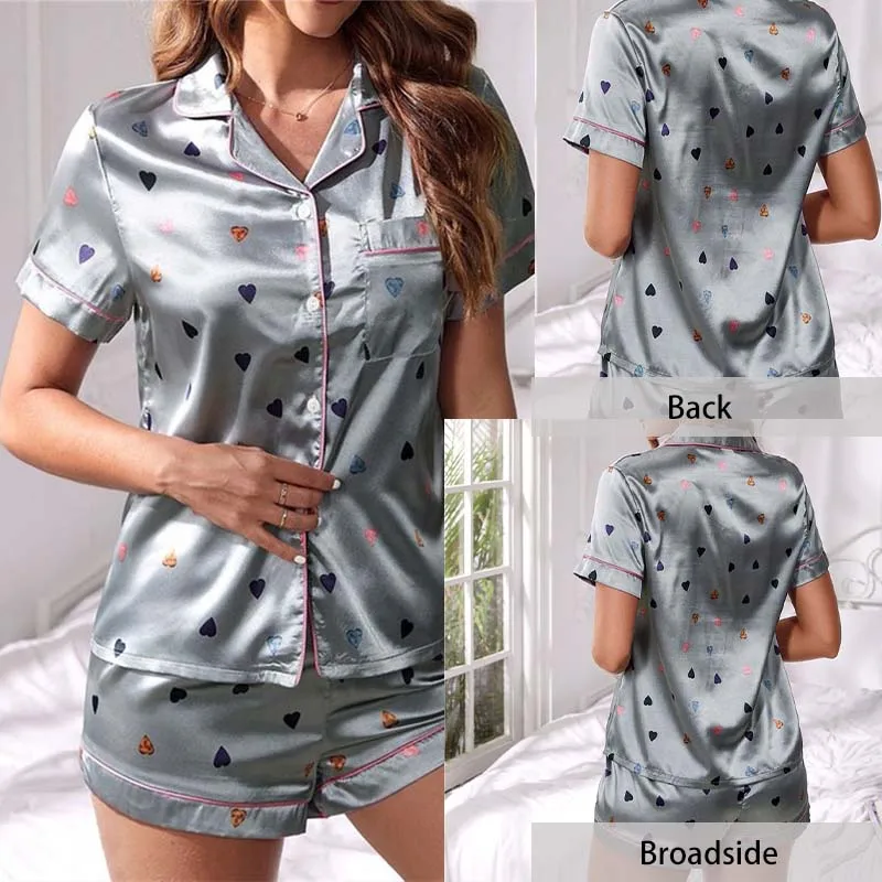 Women Two Piece Set Silk Satin Pajamas Home Suit Short Sleeve Shirtand Shorts Pajamas Set Satin Nightwear Loungewear