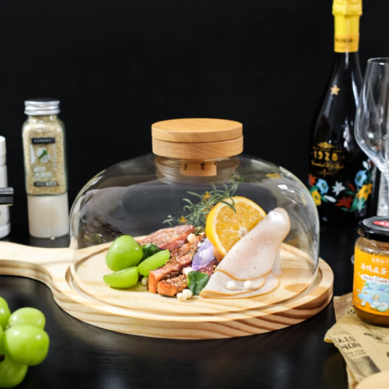 Molecular Cuisine Desserts Heat Resistant clear Smoked Glass Cover Smoke Gourmet Cover with Handle Wooden Tray Set